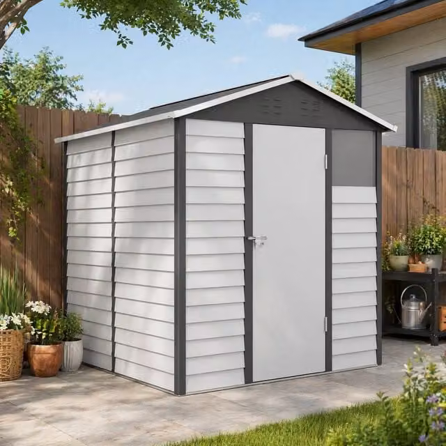 STILVORA Grey Galvanised Steel Garden Shed with Lockable Door, Window and Side Vent, W/D/H: 271 x 187 x 208 cm – 1