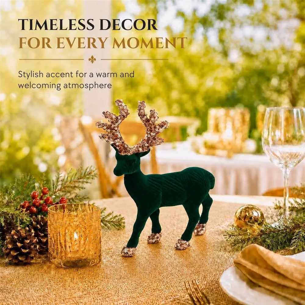 Shatchi Emerald Green Velvet Christmas Reindeer Figurine, Height: 20 cm – 6