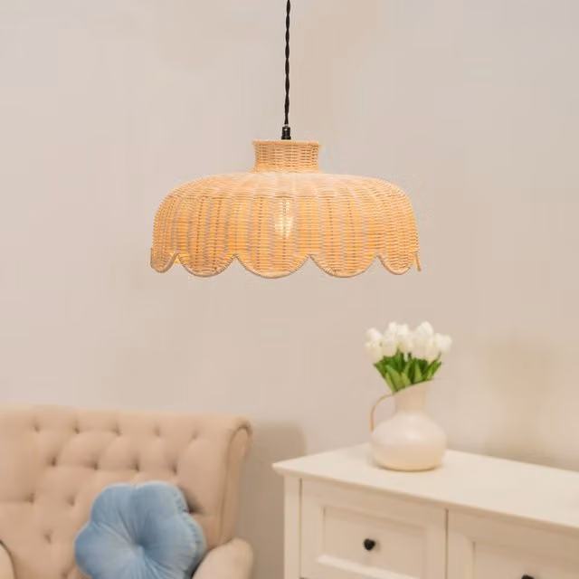 ValueLights Nevaeh Boho Rattan Wicker Scallop Dome Ceiling Light Shade with LED Bulb in Beige and Yellow