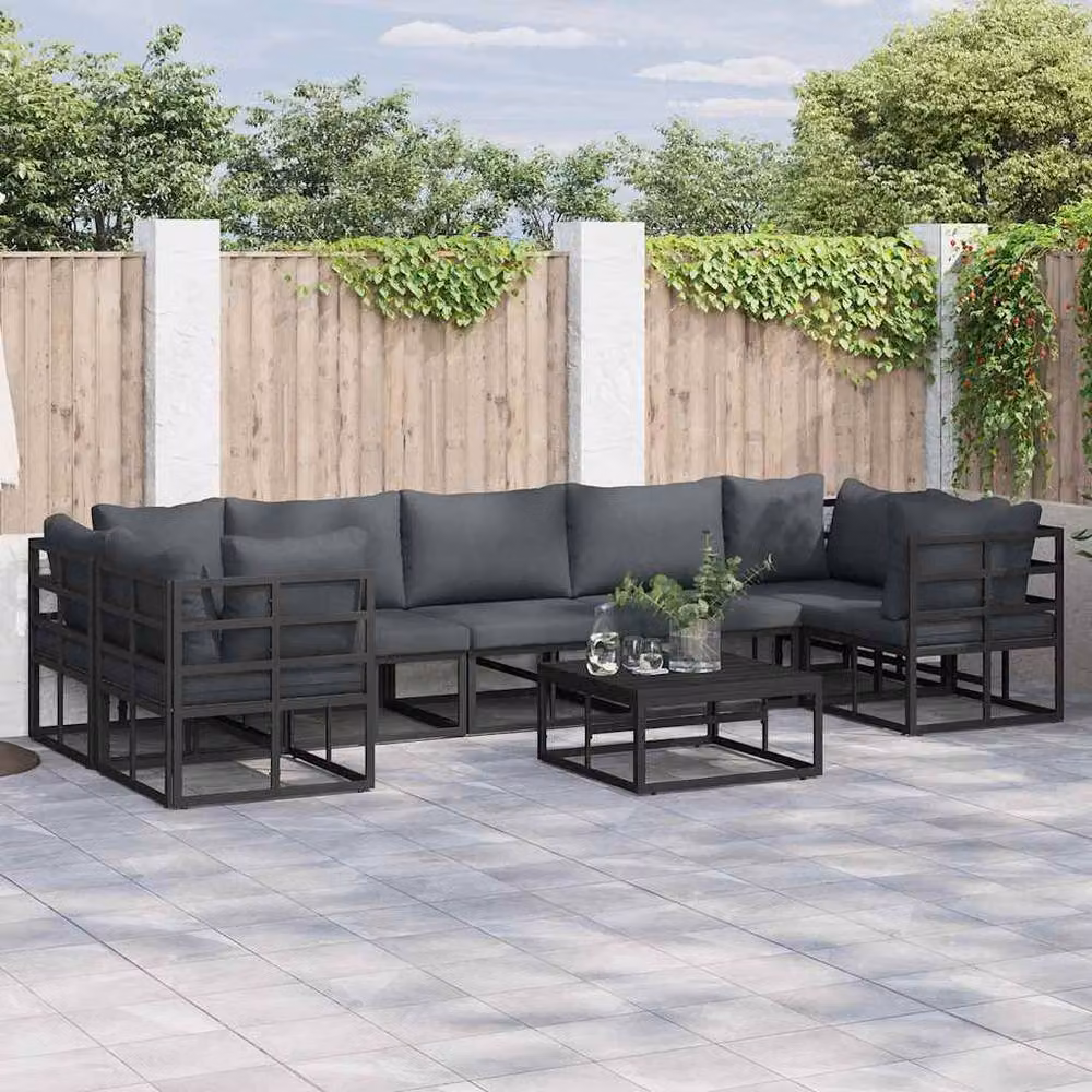 Berkfield Home 7 Piece L-Shape Garden Sofa Set with Black Powder Coated Aluminium Frame and Grey Upholstered Cushions – 2