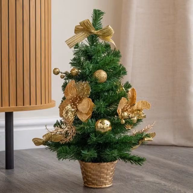 Samuel Alexander 50cm Tabletop Mini Christmas Fir Tree in a Green Plastic Pot with Gold Decorations