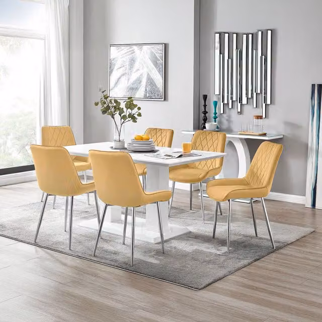 FurnitureboxUK Imperia 6-Person Dining Set with White Rectangular Table and 6 Mustard Pesaro Chairs with Silver Legs