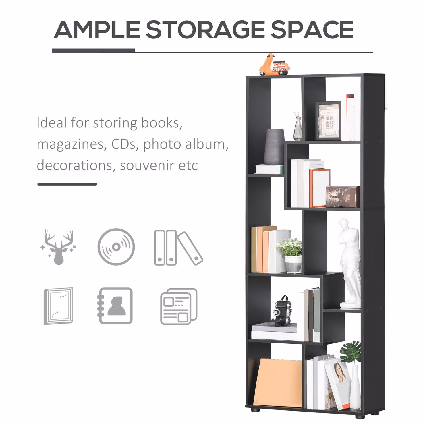 HOMCOM 8-Tier Freestanding Black Melamine Bookshelf and Modern Cube Display Unit – 4