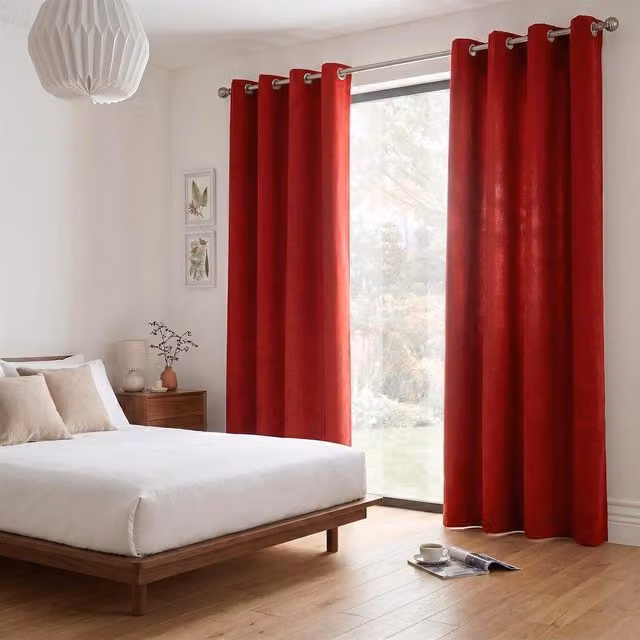 Livinluxury Red Velvet Chenille Eyelet Ring Top Curtains, Width: 137 cm