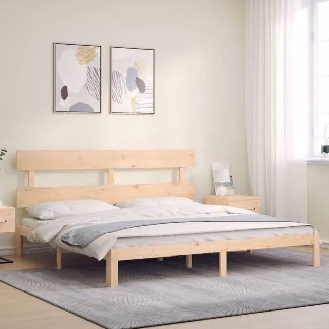 Berkfield Home Beautiful Solid Wood Bed Frame with Headboard in Beige, W/D/H: 200 x 203.5 x 81 cm