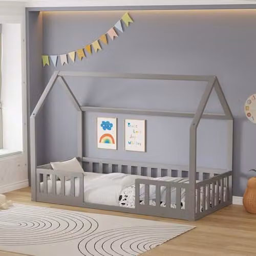 WestWood House Shaped Montessori Toddler Bed Frame in Grey Solid Pine Wood, 90 x 190 cm – 1