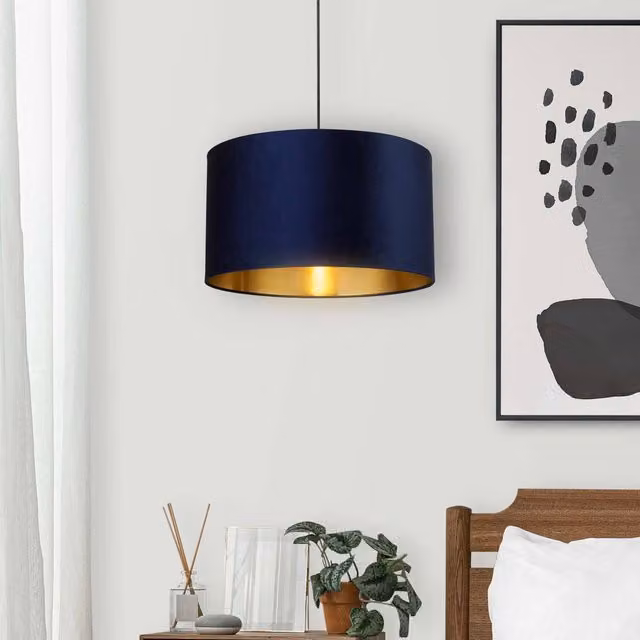 Lighting Collection Navy Blue Velvet Drum Lamp Shade with Gold Inner Detail – 1