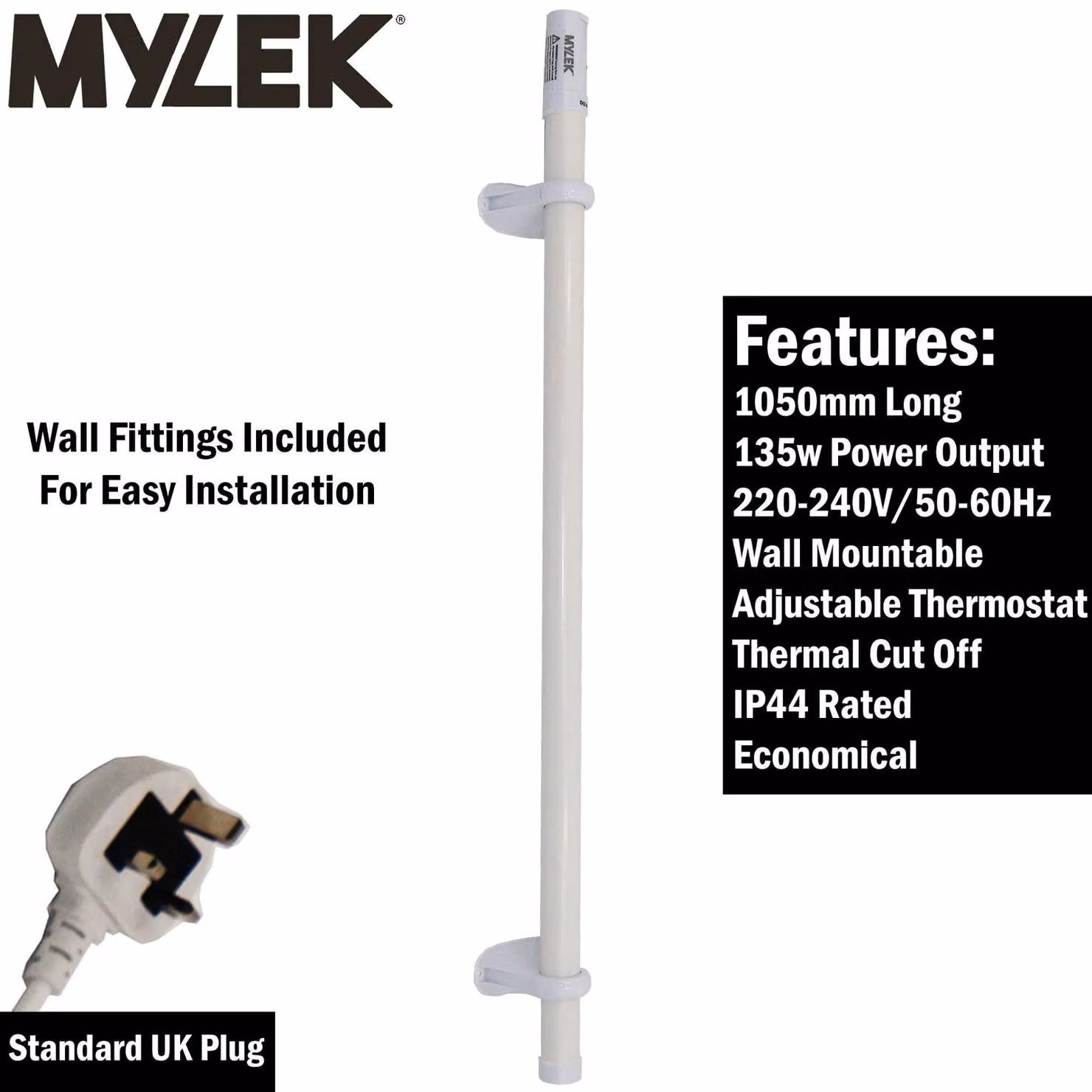 MYLEK 135W White Tubular Convector Heater with Built-in Thermostat and Mounting Brackets, Length: 105 cm – 2