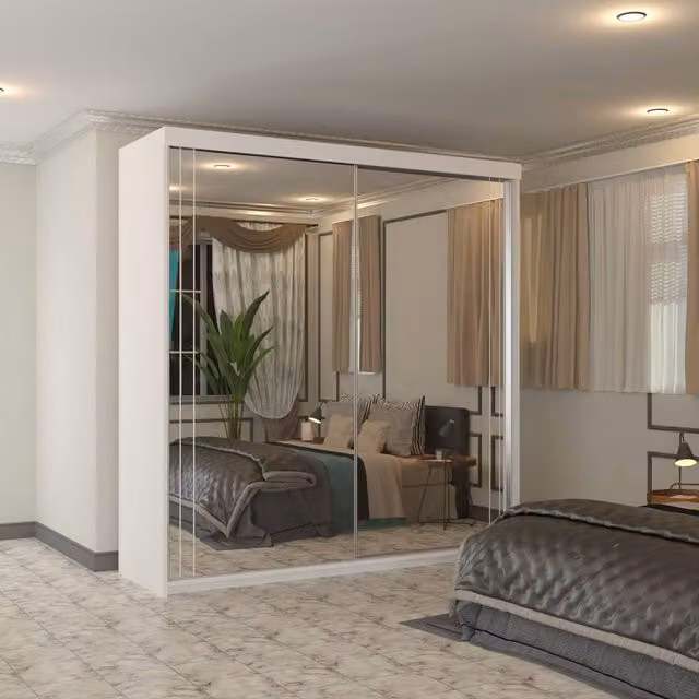 Sliding Wardrobes 4U Modern White Full Mirror Sliding Wardrobe with LED Lighting and Integrated Drawers W: 150 cm, H: 217 cm