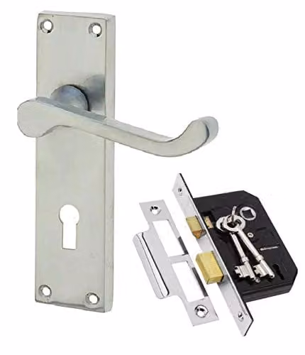 Golden Grace Victorian Scroll Door Handle Lock Set in Silver Satin Brushed Chrome