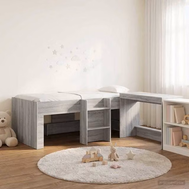 Berkfield Home Kids High Bed Frame with Desk and Stairs in Grey Sonoma – 1