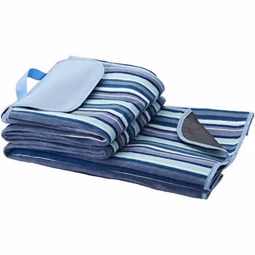 Bullet Riviera Striped Picnic Blanket in White and Blue with Waterproof Underside and Carry Handle