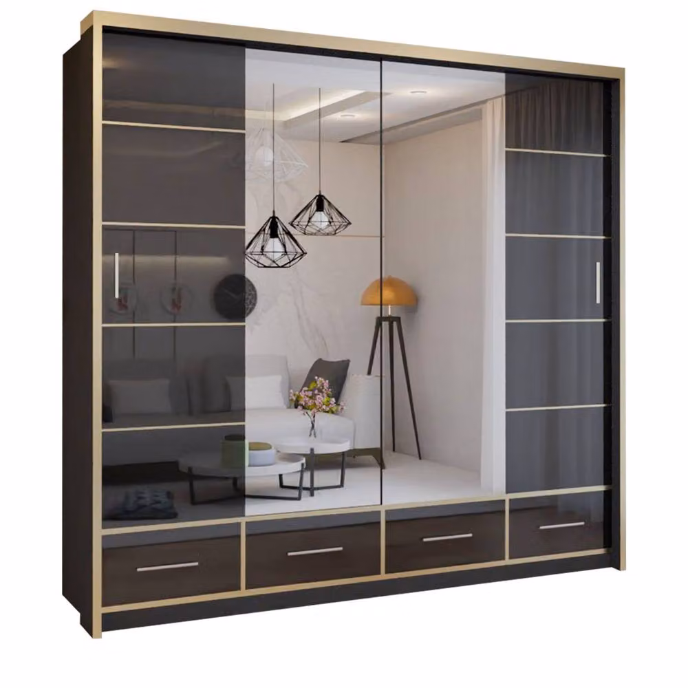 Sliding Wardrobes 4U Modern High Gloss Sliding Wardrobe with LED Lighting in Black and Gold, W: 203 cm, H: 220 cm – 2