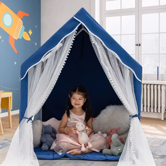 Costway Kids Play Tent with Washable Cotton Mat in Blue