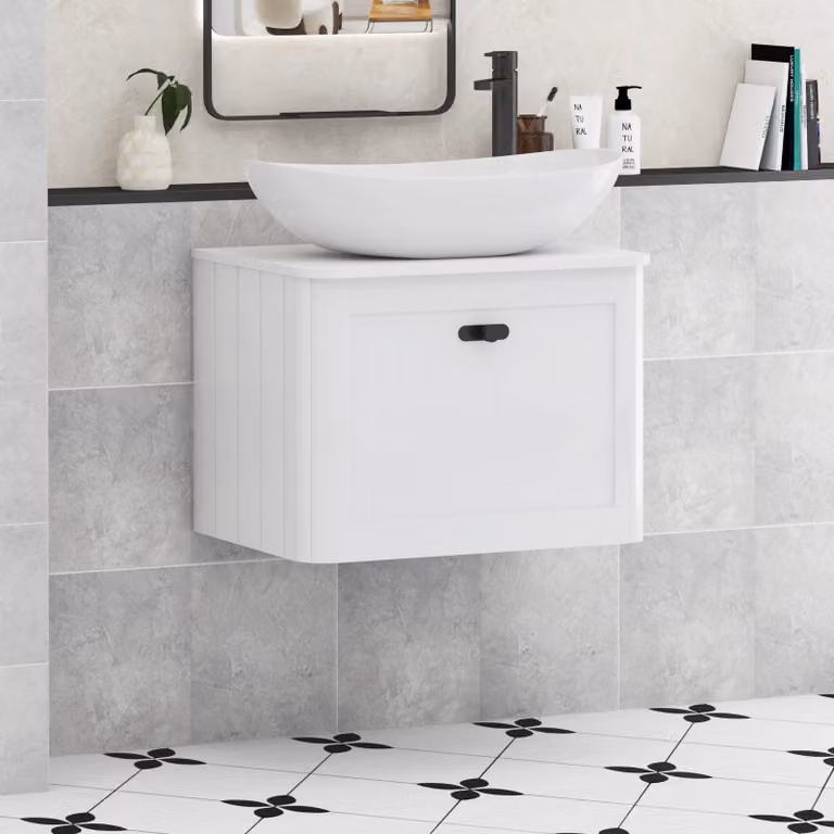Royal Bathrooms Henley 600mm Gloss White Wall Hung Vanity Unit with Cesar Basin and Matt Black Knob