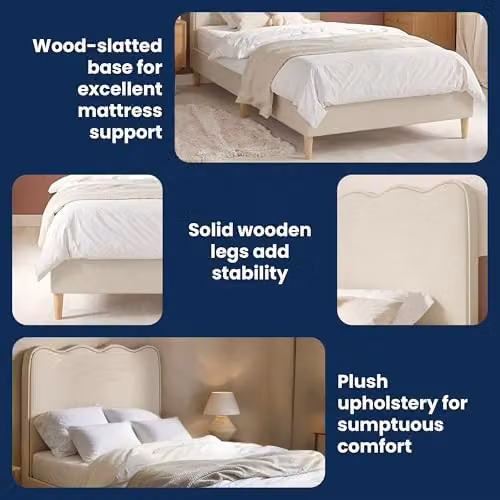 Flair Furnishings Ellis Single Bed Frame with Cloud Headboard in Beige Woven Fabric, 90 x 190 cm – 5