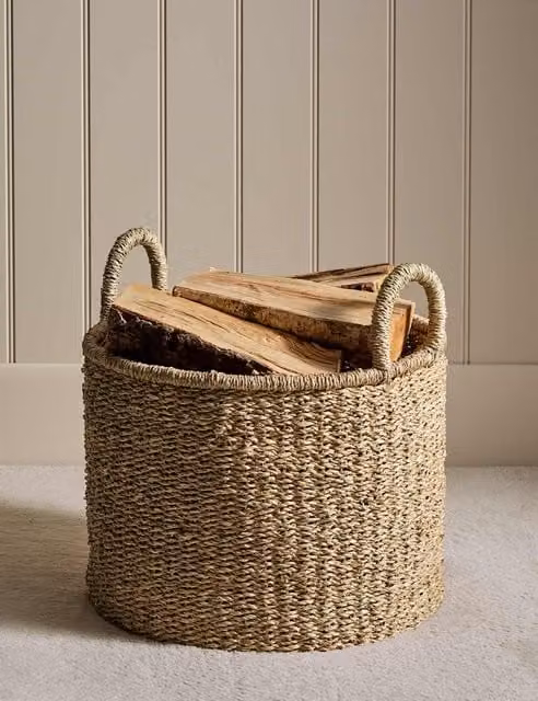 M&S Beige Open Weave Seagrass Basket with Handles
