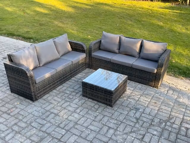 Fimous 6 Seater Rattan Garden Furniture Set with Grey Cushions and Dark Grey Metal Frame