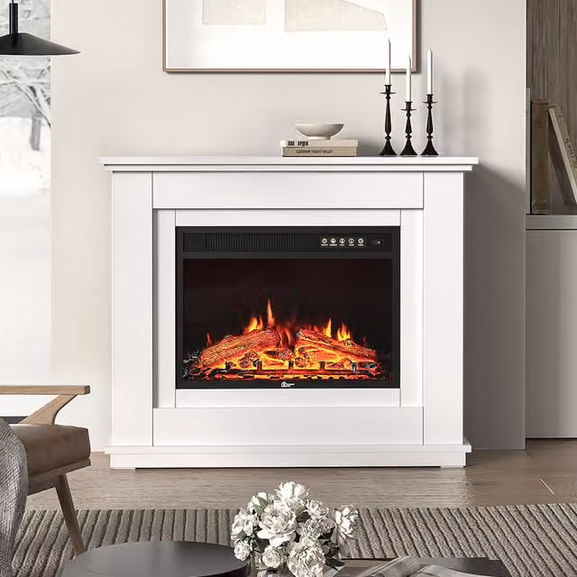 Livingandhome Recessed Electric Fireplace with White MDF and Glass Surround