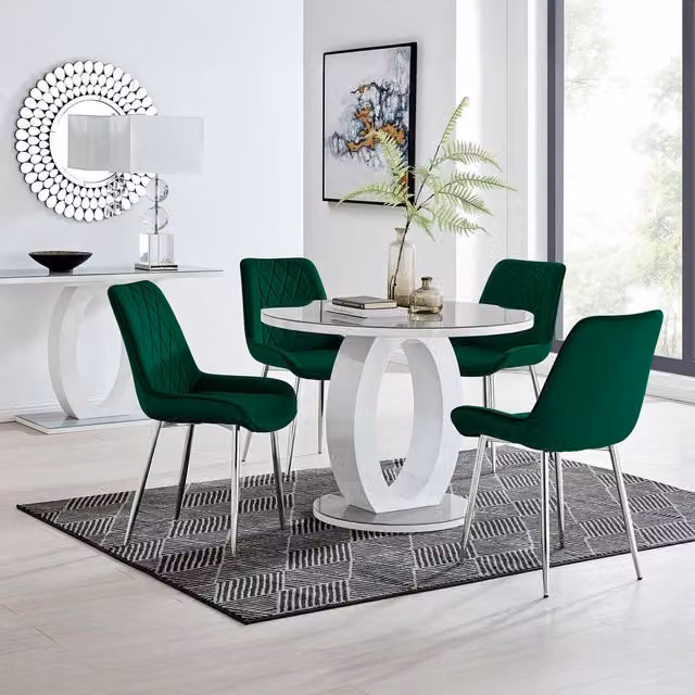FurnitureboxUK Giovani Round Grey Glass Dining Table with 4 Green Pesaro Silver Leg Chairs, Diameter: 120 cm