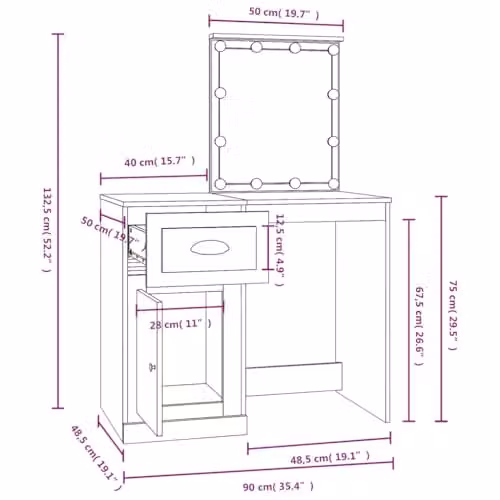 vidaXL Modern Dressing Table with Hollywood LED Lighting in Brown, W/D/H: 90 x 50 x 132.5 cm – 3