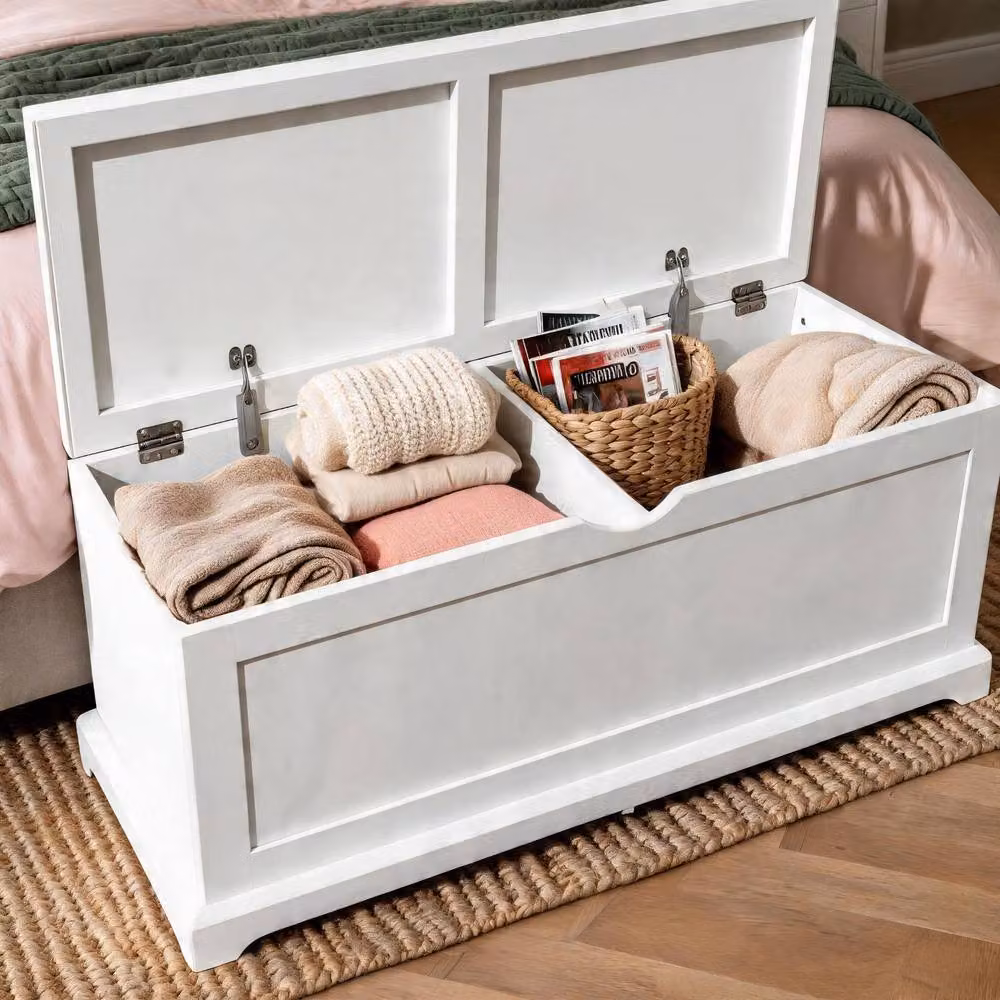 Home Source Bromwell Wooden Storage Box and Bedroom Blanket Chest, White, W: 112.0 cm, D: 45.0 cm, H: 40.0 cm – 2
