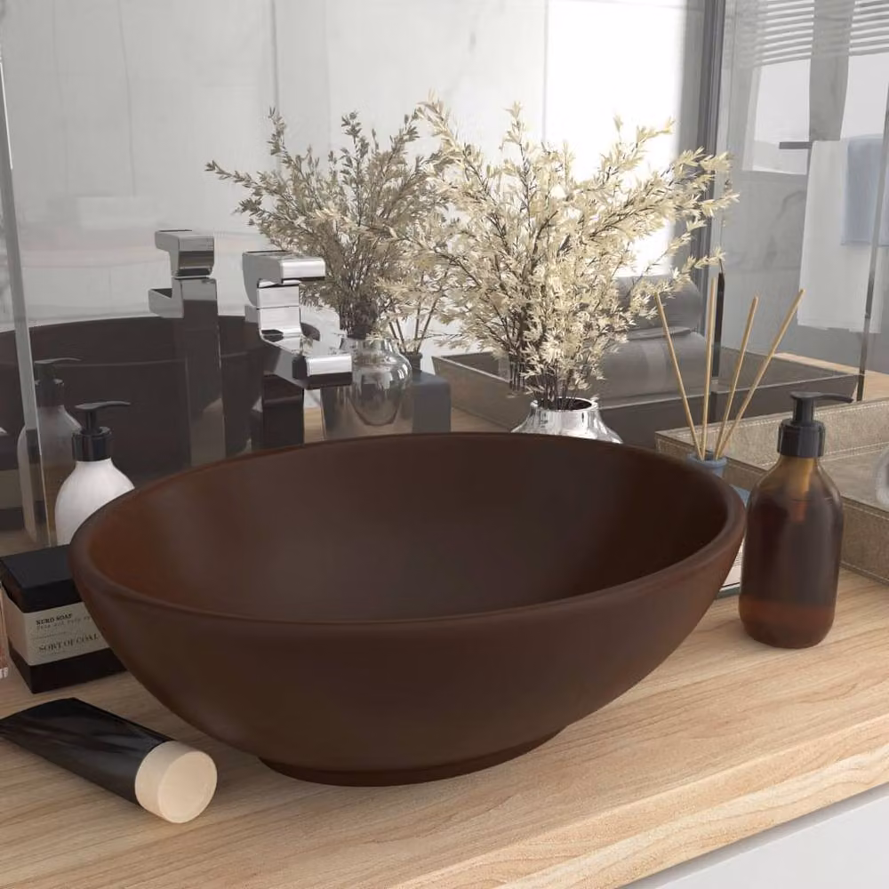 Berkfield Home Luxury Oval Ceramic Basin in Matt Dark Brown, W: 40 cm, D: 33 cm – 2