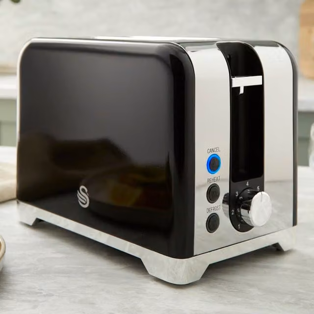 Swan 2 Slice Stainless Steel Toaster - Black