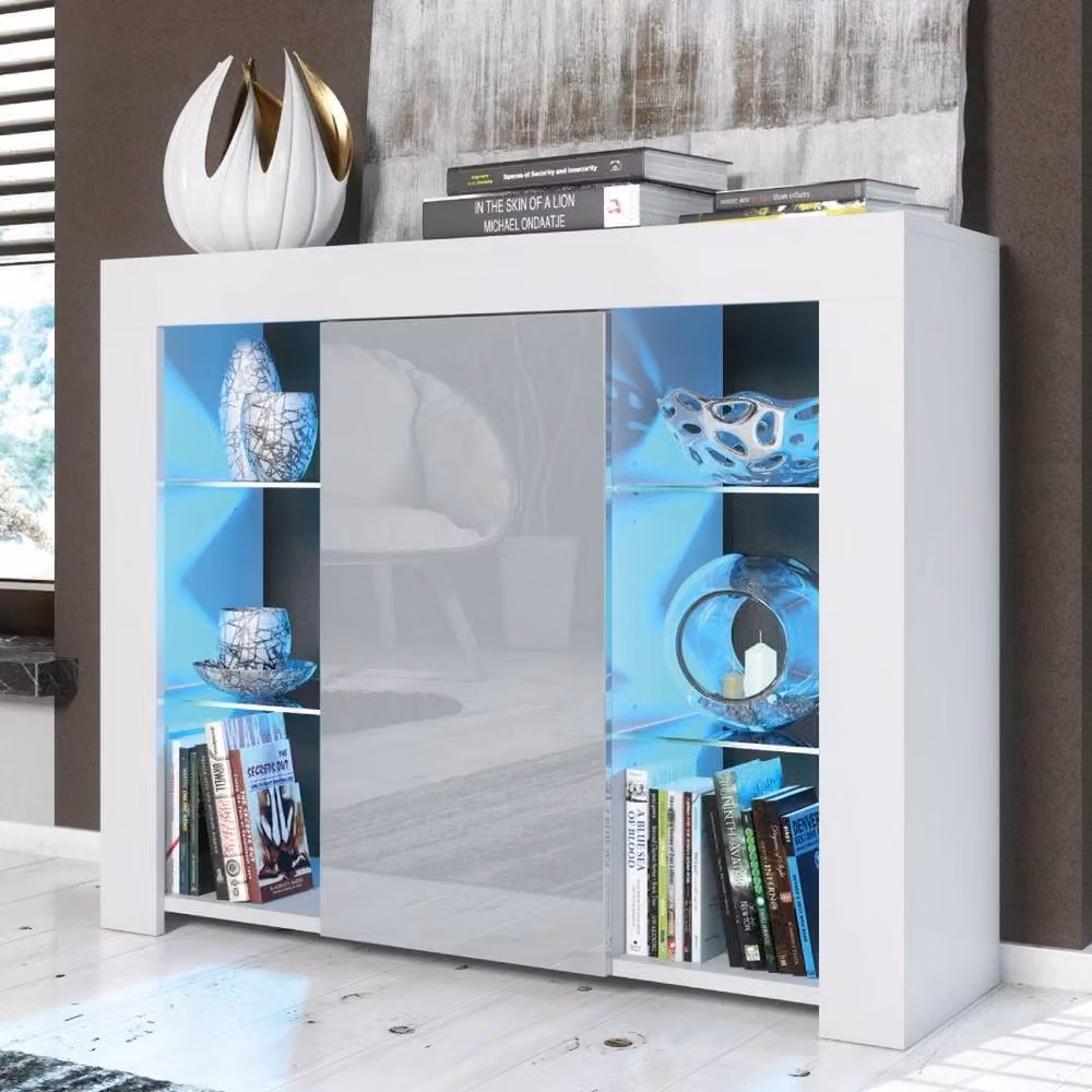 PAWNORA Modern White Sideboard Display Cabinet with Glass Doors and Integrated Lighting – 2