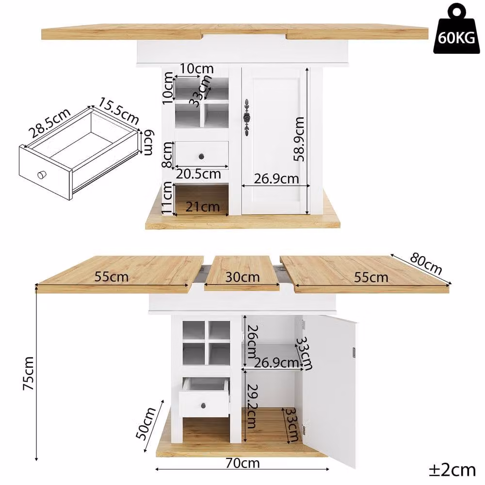 Merax Extendable Telescopic Dining Table with Wine Rack and Drawer Storage in White – 3