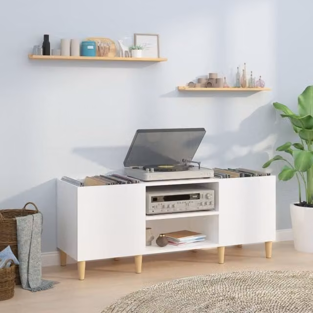 Berkfield Home Classic Record Cabinet in High Gloss White, W/D/H: 121 x 38 x 48 cm – 1