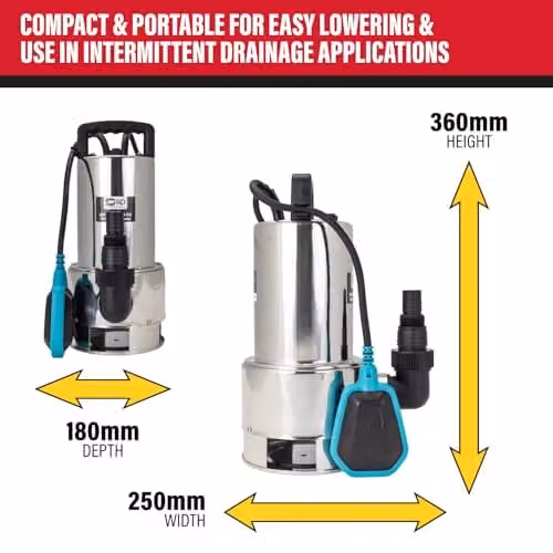 SIP SUB 3075-SS Submersible Dirty Water Pump, 750W, 16500L/hr with Float Switch, Silver Stainless Steel – 4