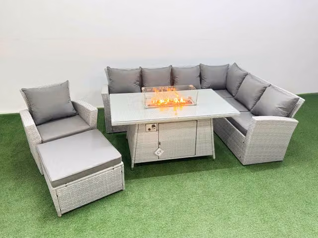 Fimous 8 Seat Rattan Garden Furniture Corner Sofa Set with Gas Firepit Table in Light Grey