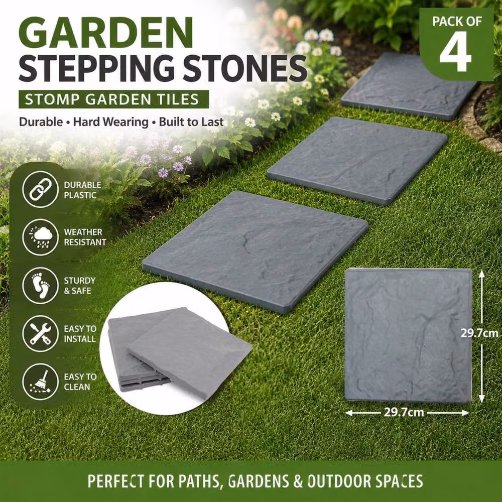 FLAVORA 4-Pack Durable Plastic Garden Stepping Stone Stomp Tiles in Grey, Width: 52 cm – 2