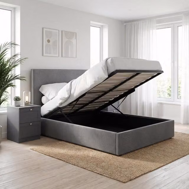 FWStyle Fossil Small Double Ottoman Bedframe with Padded Headboard in Grey