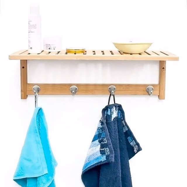 EONLION Brown Wall-Mounted Towel Rack with 4 Hooks, W/D/H: 50 x 18 x 16 cm