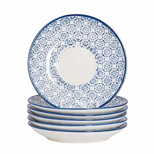 Nicola Spring Hand Printed Floral Stoneware Cappuccino Saucers, Blue, Pack of 6, Diameter: 14.5 cm