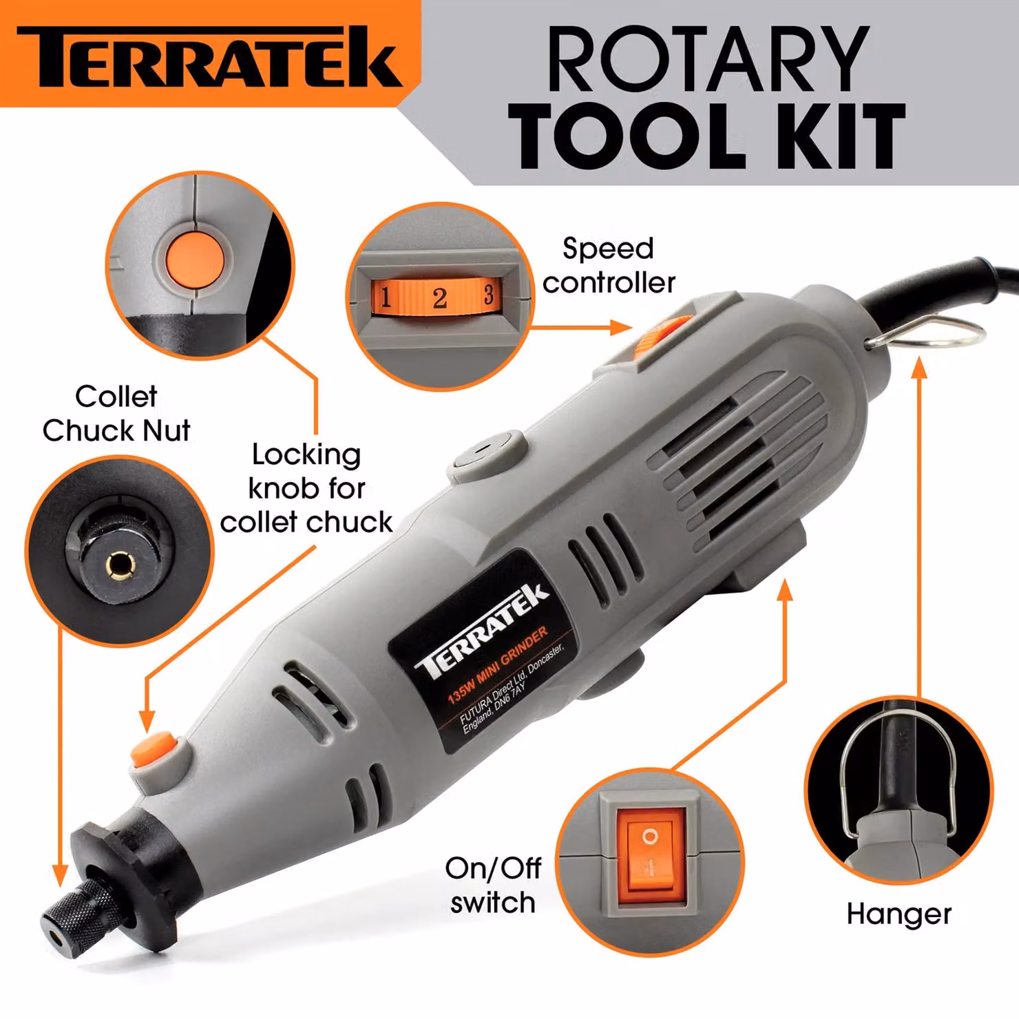 Terratek Corded Rotary Tool with 234pc Accessory Set, 135W Variable Speed, Orange and Grey – 2