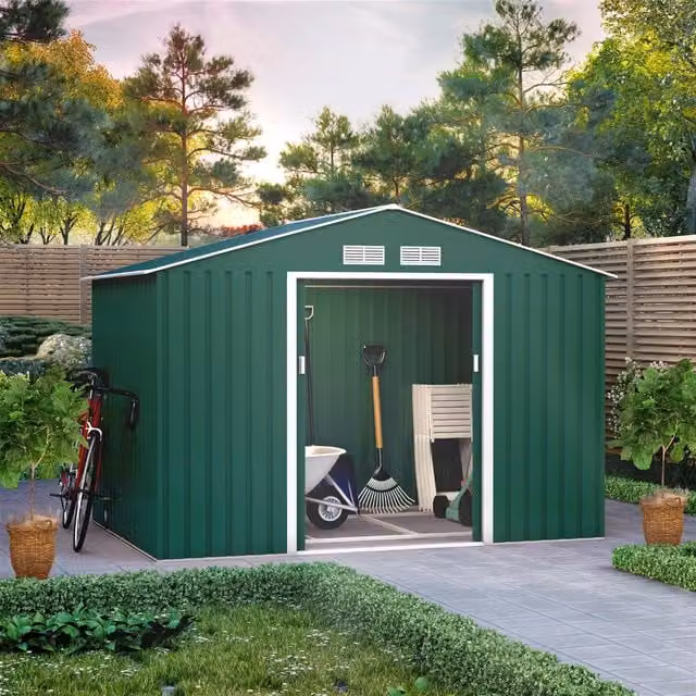 BillyOh Ranger Apex Metal Gable Shed with Foundation Kit and Sliding Doors in Green, W: 202 cm, H: 202 cm, D: 365 cm