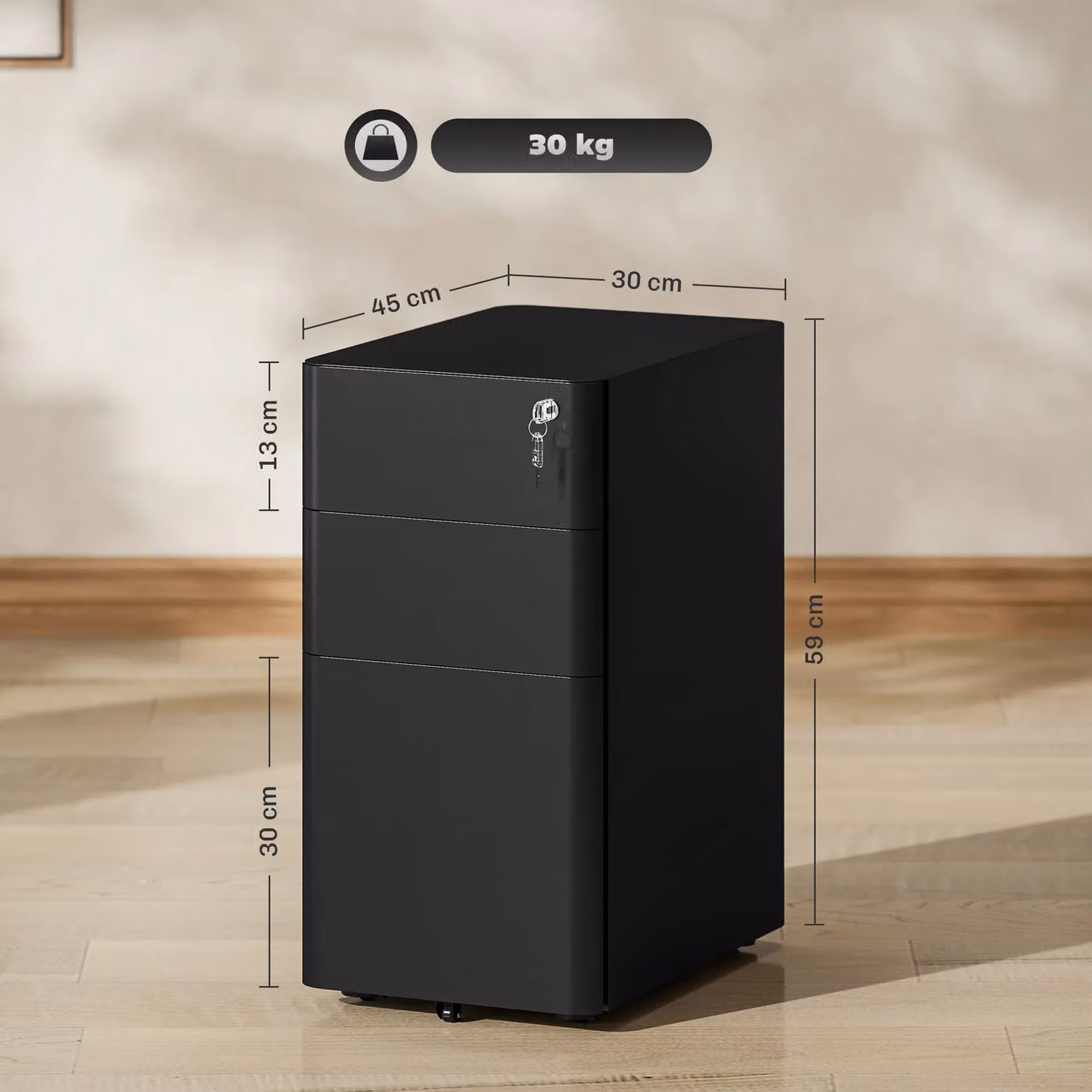 Vinsetto Black Metal Steel Filing Cabinet with Lock and Castors for Home Office – 2