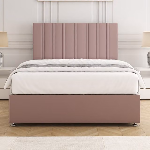 BSSPOKE Sienna Plush Velvet Divan Bed Set with 24 inch Headboard and Mattress in Pink, King Size, W/D/H: 180 x 200 cm