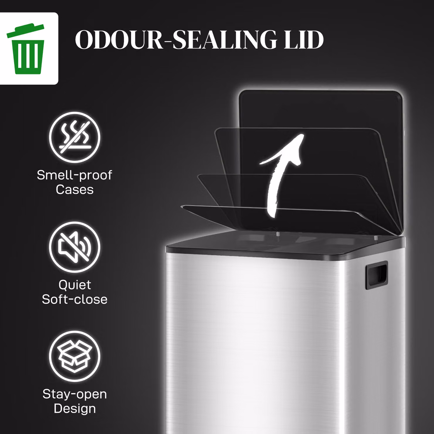 HOMCOM 40L Dual Compartment Stainless Steel Pedal Bin with Odour Filter and Removable Inner Bucket, Silver Tone – 4