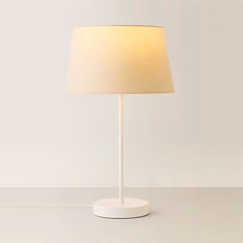 ValueLights Charlie White Metal Single Stem Table Lamp with Beige Fabric Tapered Lampshade