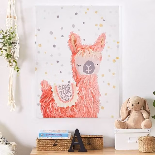 Wyld and Coco Pink Llama Canvas Wall Art for Childrens Room Decor W: 60 cm, H: 90 cm
