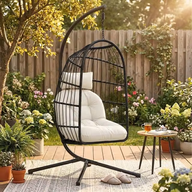 Outsunny Modern Rattan Egg Swing Chair with Stand and Safety Strap in Black and Cream White
