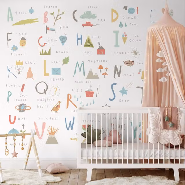 Origin Murals Childrens Alphabet Illustrations Wall Mural in Multicolour and Yellow Scandinavian Style