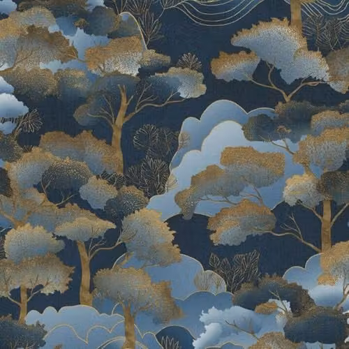 Erismann Elle 10448-08 Non-Woven Landscape Wallpaper in Blue and Gold Metallic