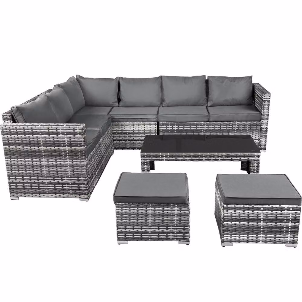 HomeTouch Grey 8 Seater Modern Rattan Garden Corner Sofa Set with Coffee Table – 7