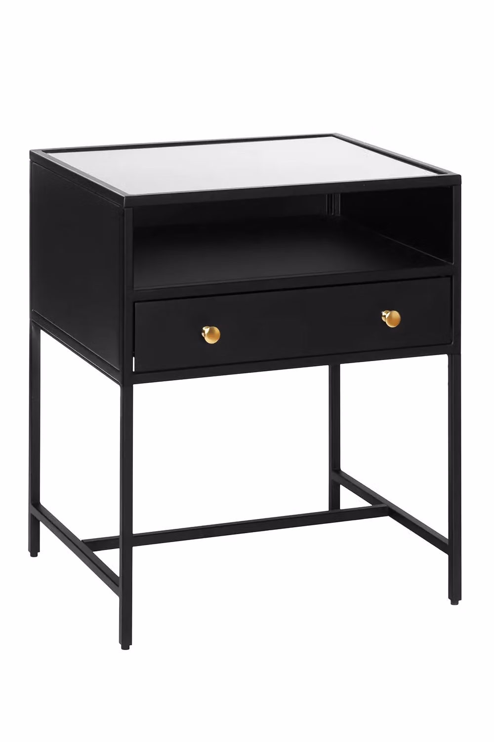MH London Hale Bedside Table with Drawer and Open Storage Shelf in Black and Gold Metal and Toughened Glass – 2