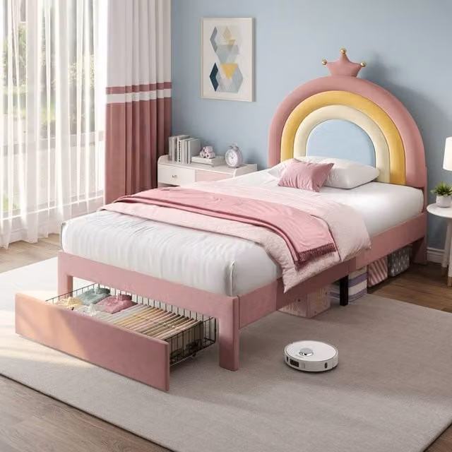 BTM Pink Velvet Upholstered Single Bed with Drawers and Adjustable Headboard, 90 x 200 cm – 1